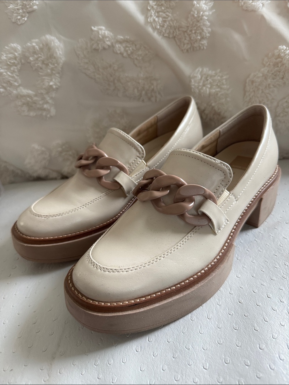 NWOT Dolce Vita Cream Loafers with Taupe Chain Detail